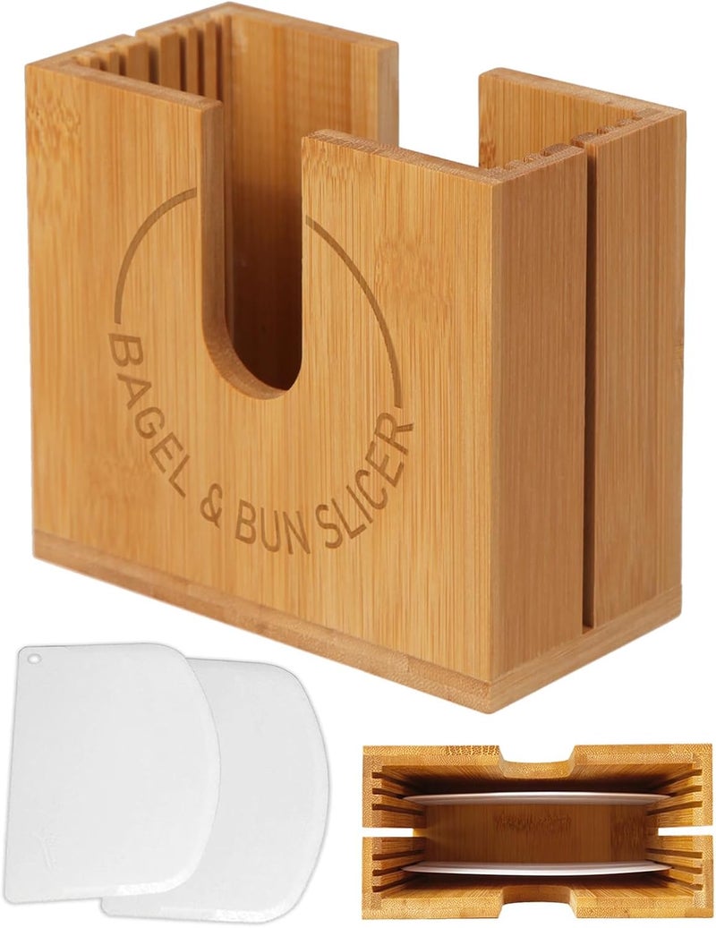 cenleoha Large Adjustable Bagel Slicer Holder | Bamboo Bagel Cutting Holder with Width-Adjustable Slots for Small & Large Bagels, Buns & English Muffins, Knife Groove & Non-Slip Base - Image 1